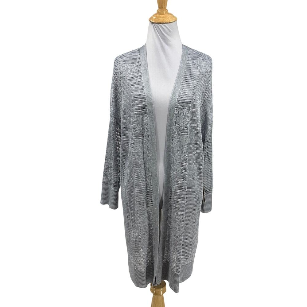 Chicos Cardigan Womens 2P US LP Petite Silver Lurex Shimmer Open Front Sweater